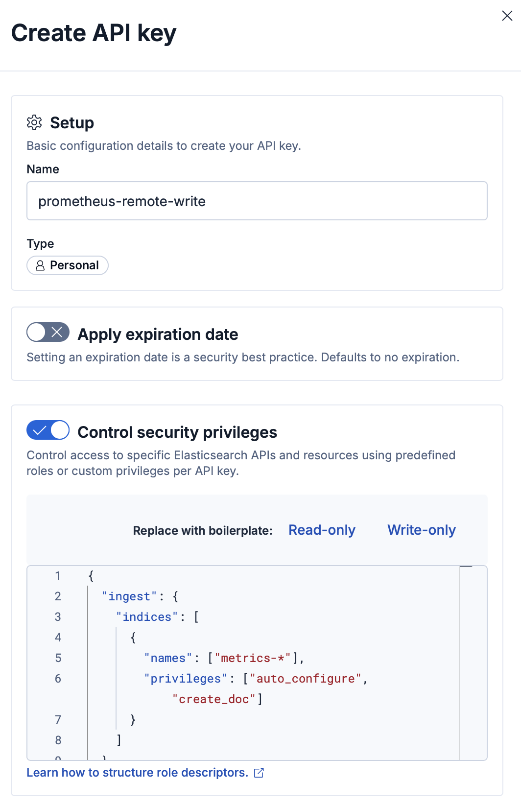 Create API key dialog showing the name, type, and role descriptor for the ingest key