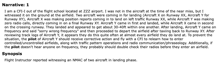 Example NASA ASRS pilot incident report showing a free-text narrative describing a near-miss at an uncontrolled airfield, the type of document classified by the LLM pipeline
