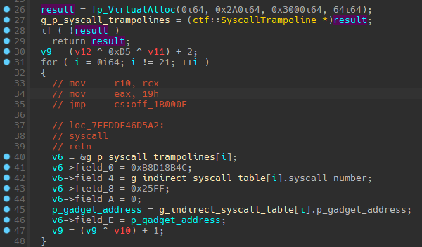 TELEPUZ VirtualAlloc syscall trampoline building code patching system library .text section with indirect syscalls