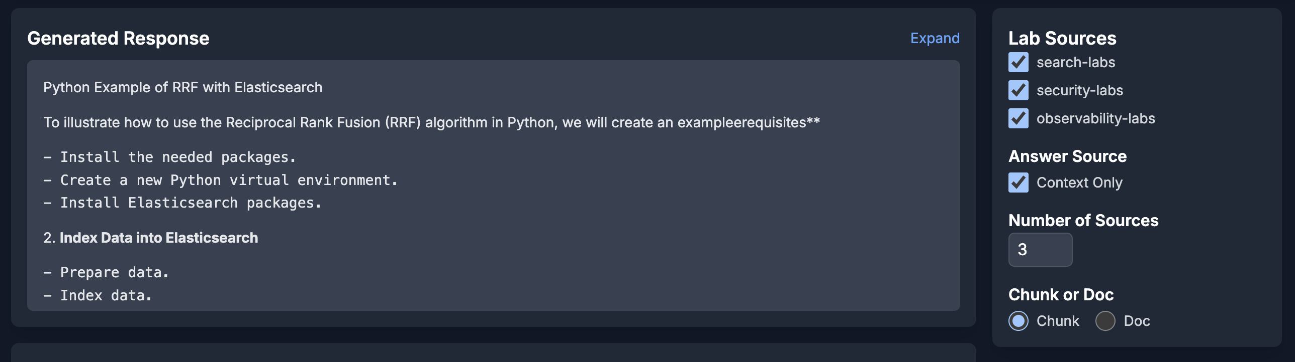 RAG UI: generated response