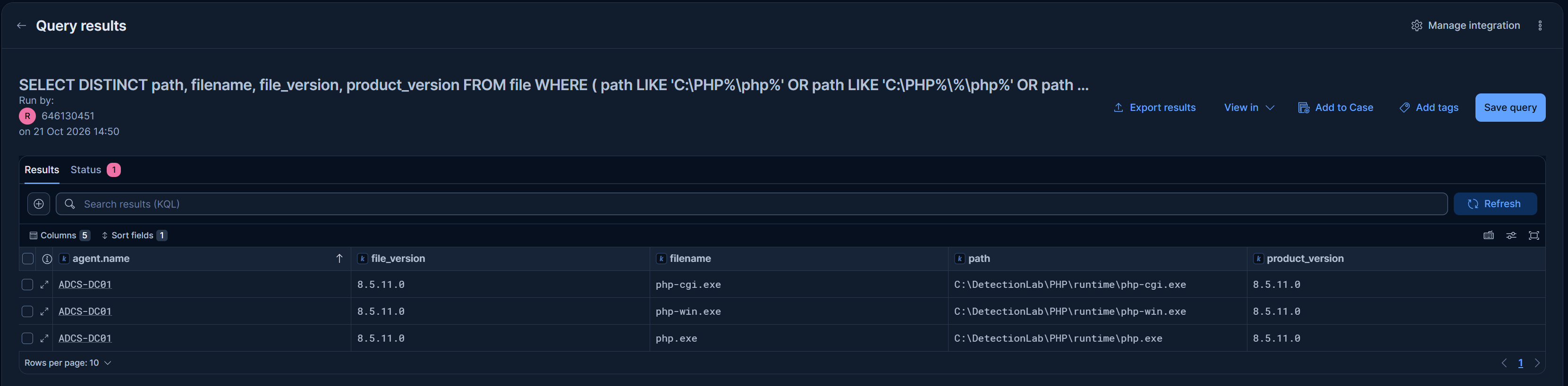 Elastic osquery query results listing PHP executable paths and versions on a Windows host for php2shell inventory