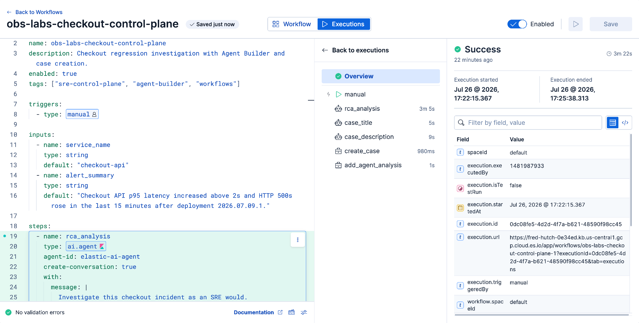 Workflow execution view with the five steps successful in 3 minutes and 22 seconds