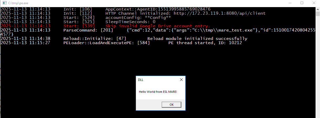 LoadAndExecutePE command handler used on test