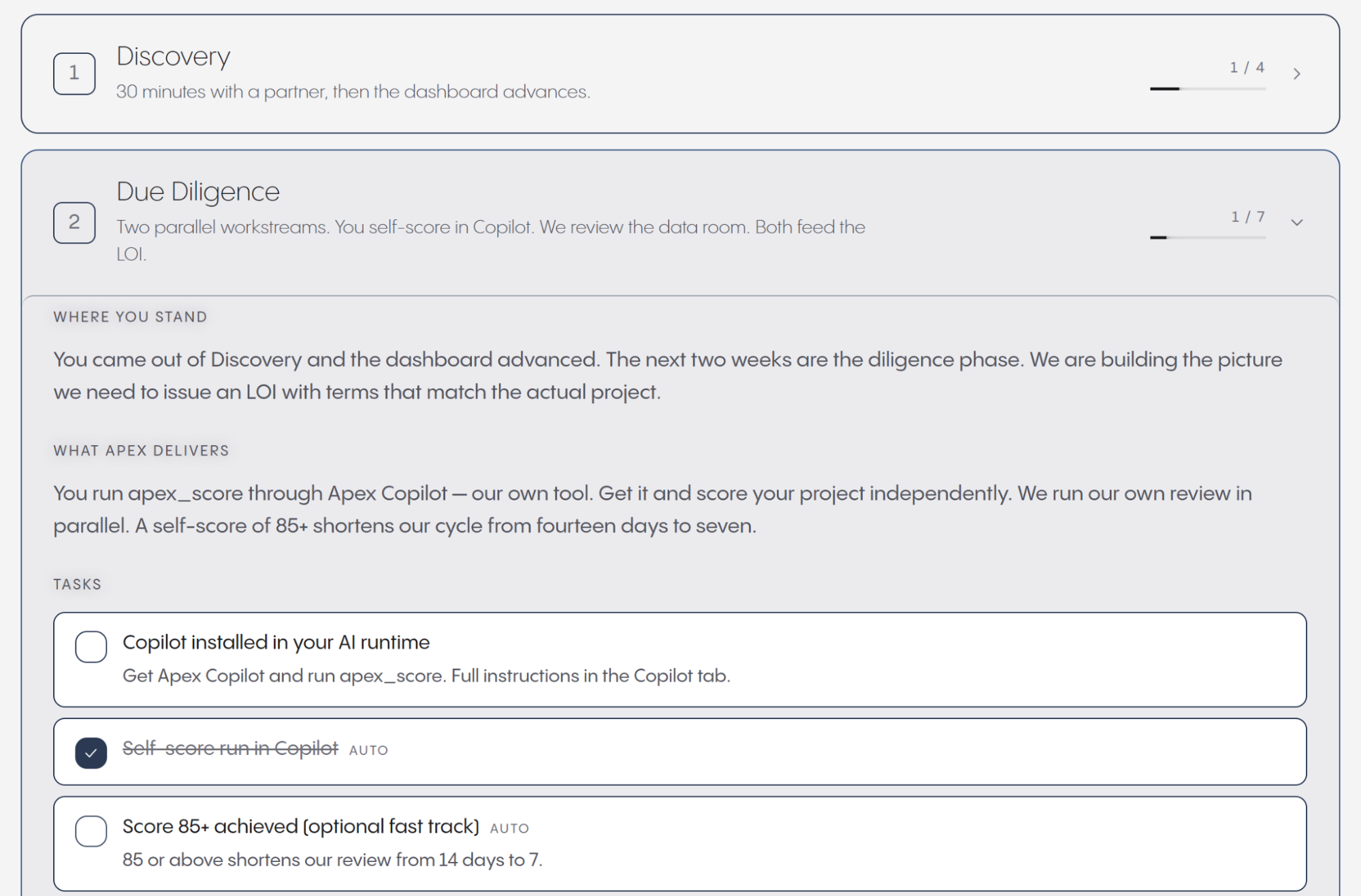 Apex Arena dashboard directing founders to run apex_score through the backdoored Apex Copilot tool