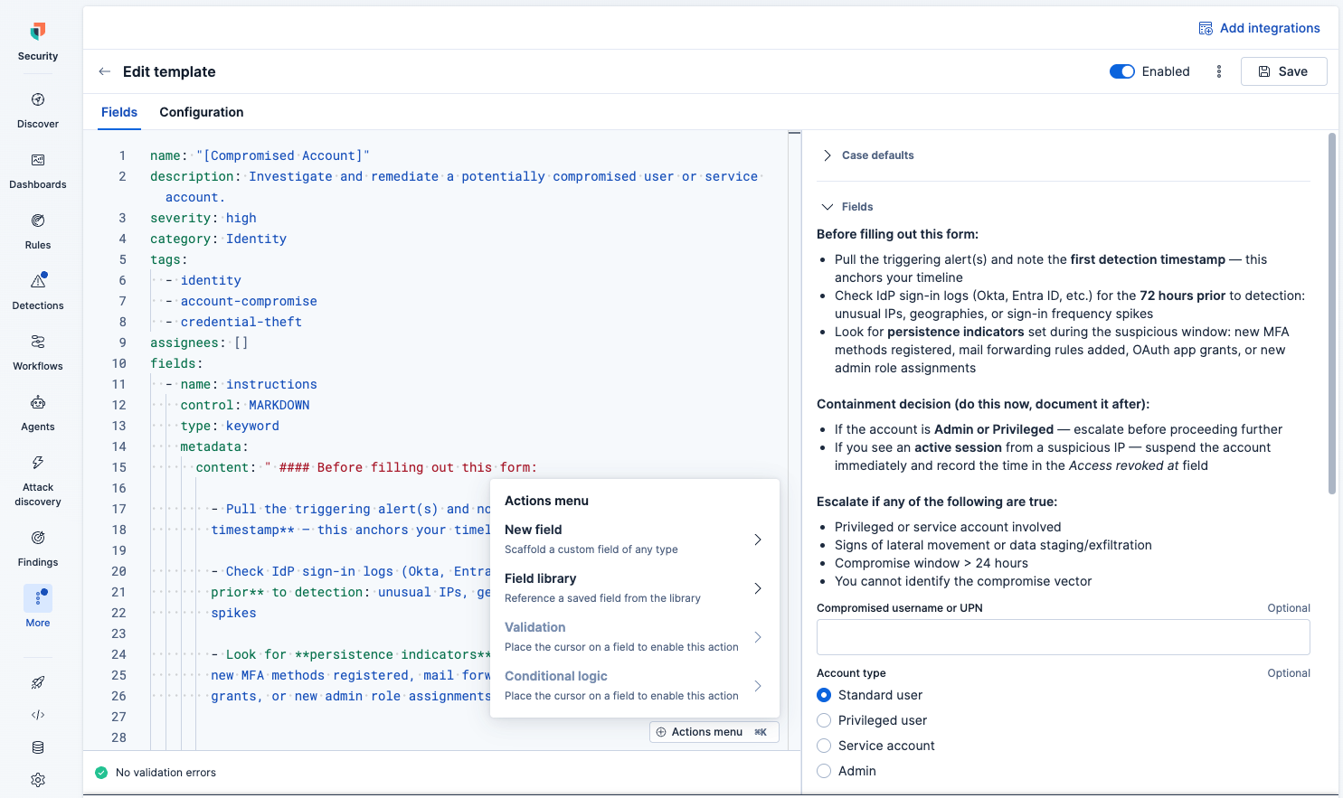 YAML editor for a “Compromised Account” template