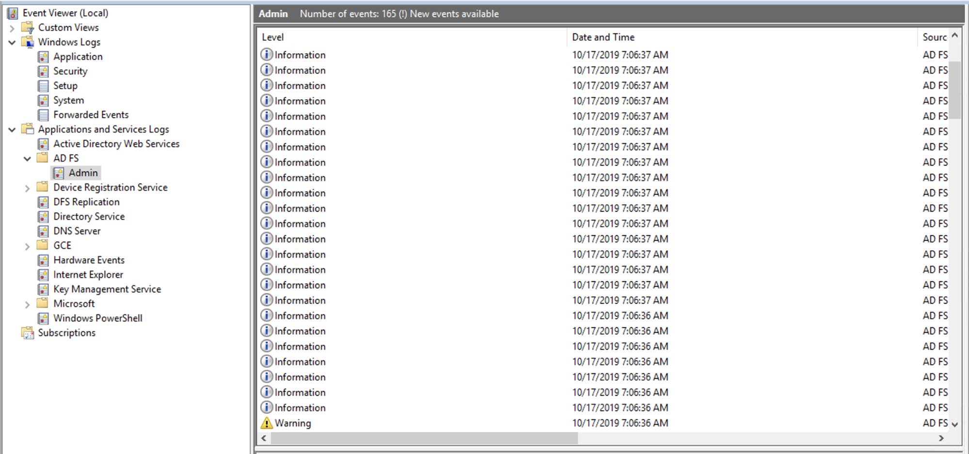 Checking ADFS logs in the Event Viewer