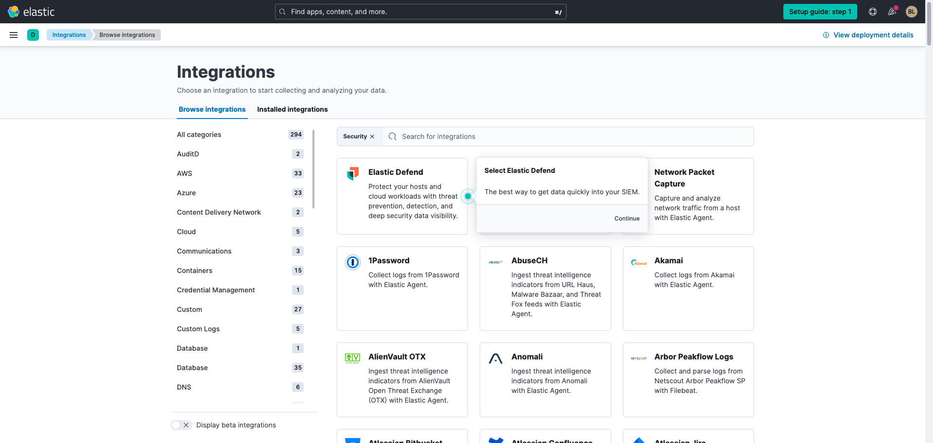 Screenshot of Elastic Security and integrations