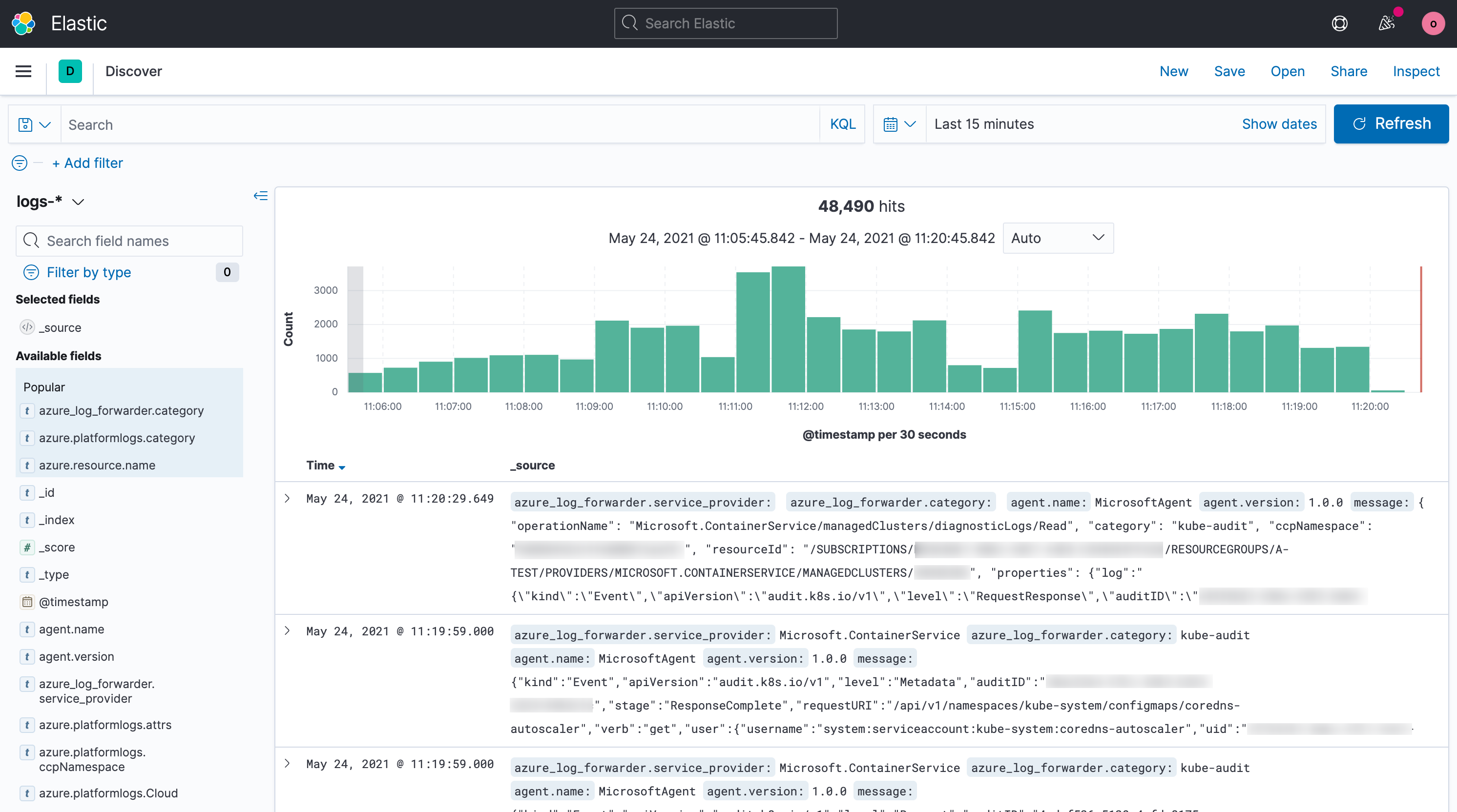 Screenshot of logs data in Kibana