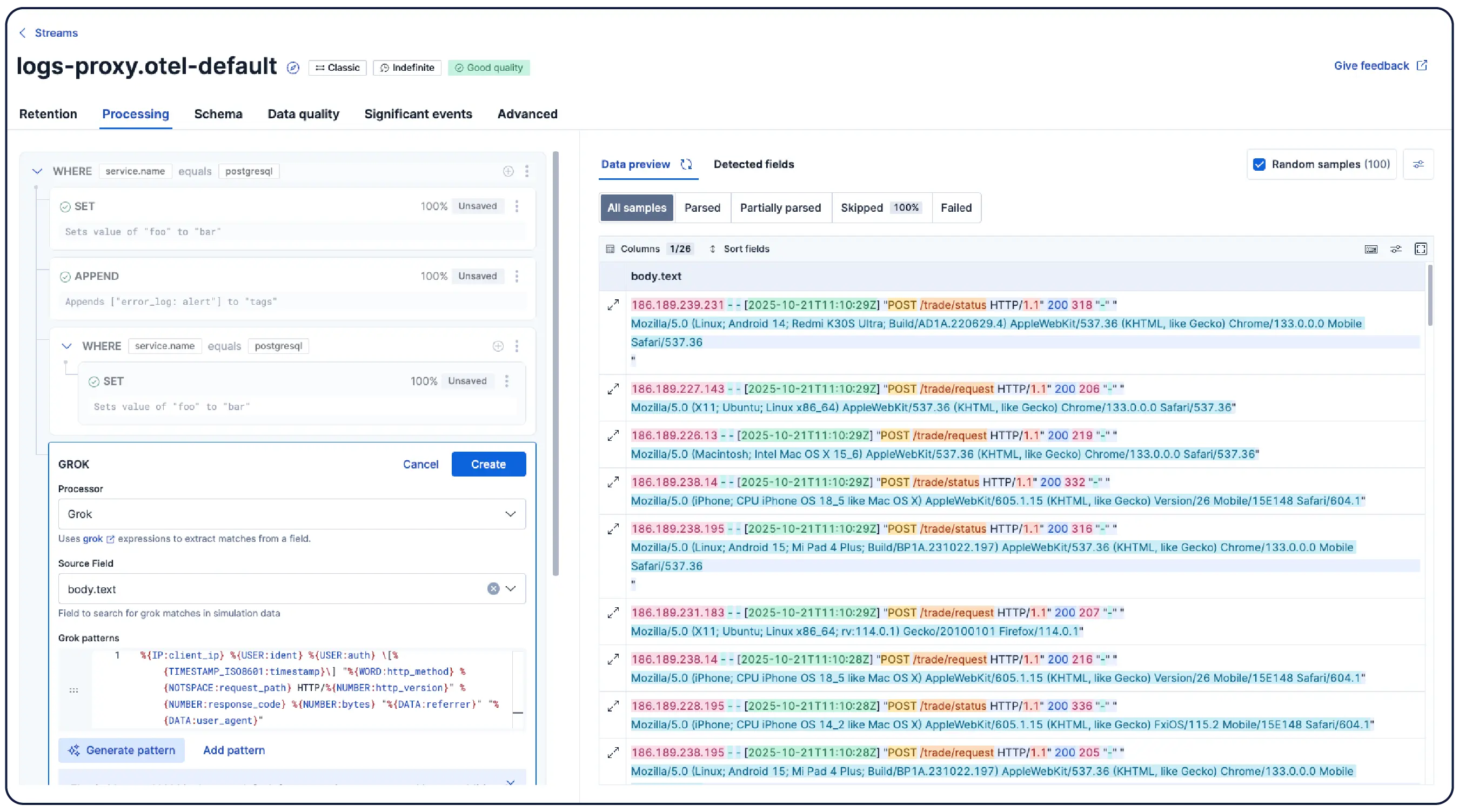 Streams brings AI-assisted log management and processing (incl. parsing, partitioning, and proactive event detection) into a simple, intuitive workflow.