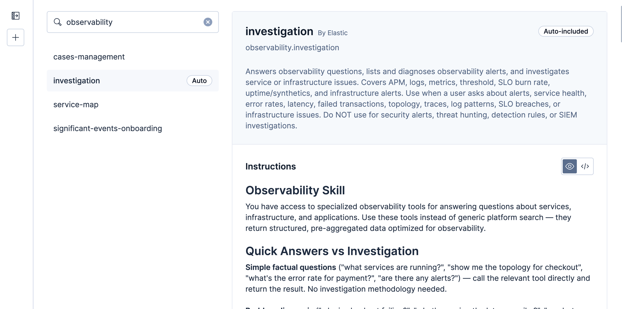 The observability.investigation skill in Agent Builder, showing its description and its Markdown instructions