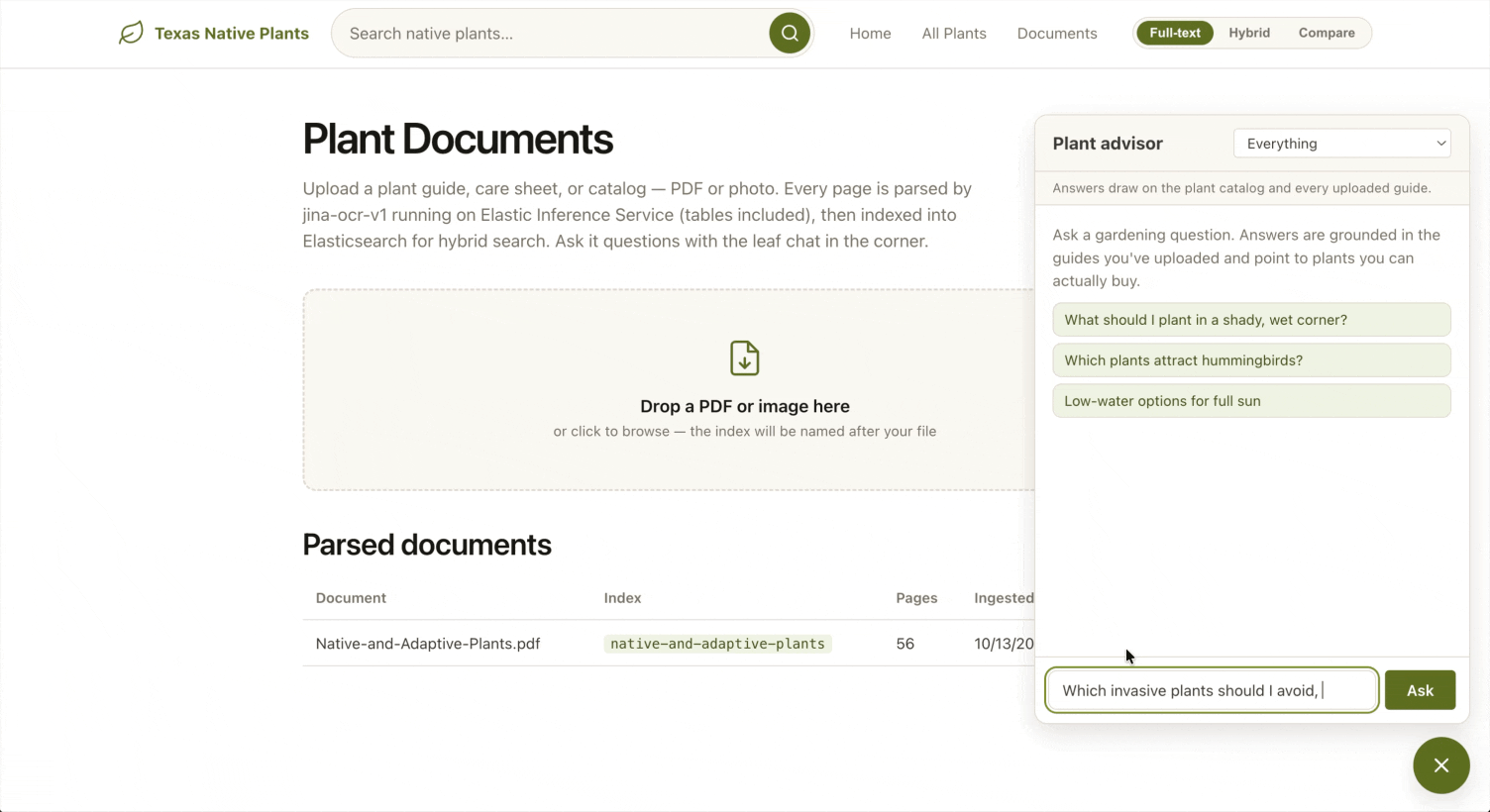 Uploading a scanned plant guide PDF and asking the RAG chatbot which invasive plants to avoid