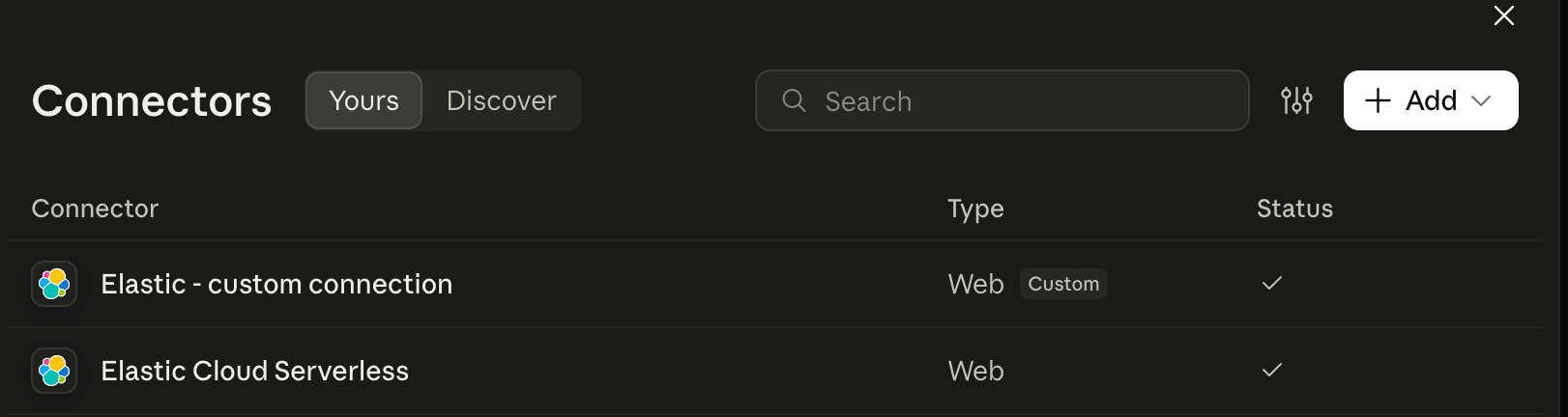 Claude connectors list showing Elastic Cloud Serverless alongside a second Elastic MCP server added as custom