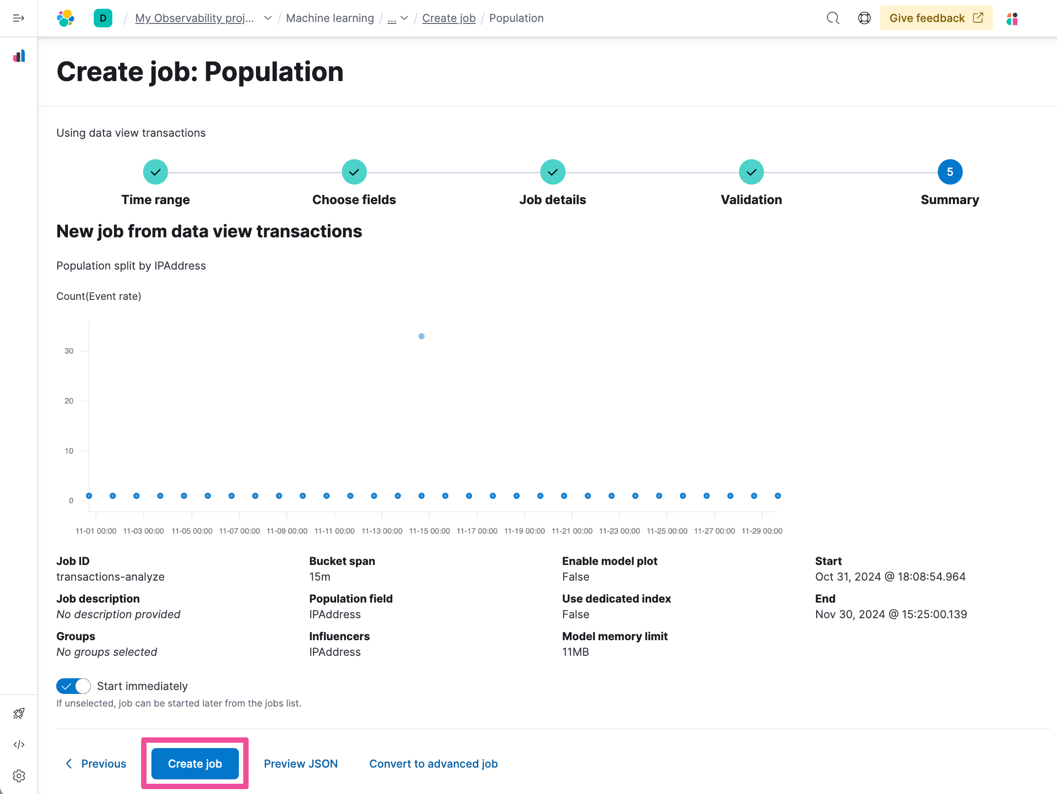 Anomaly detection job create job