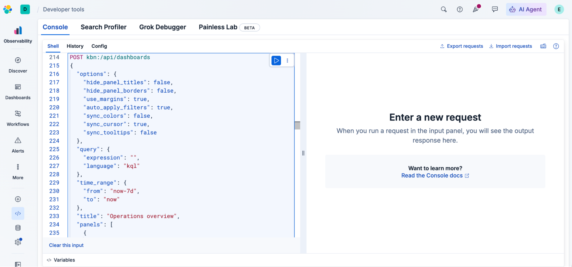 Kibana Developer tools Console showing a prefilled POST request to the Dashboards API with JSON options, query, time range, and title fields visible; right panel displays “Enter a new request” placeholder text.