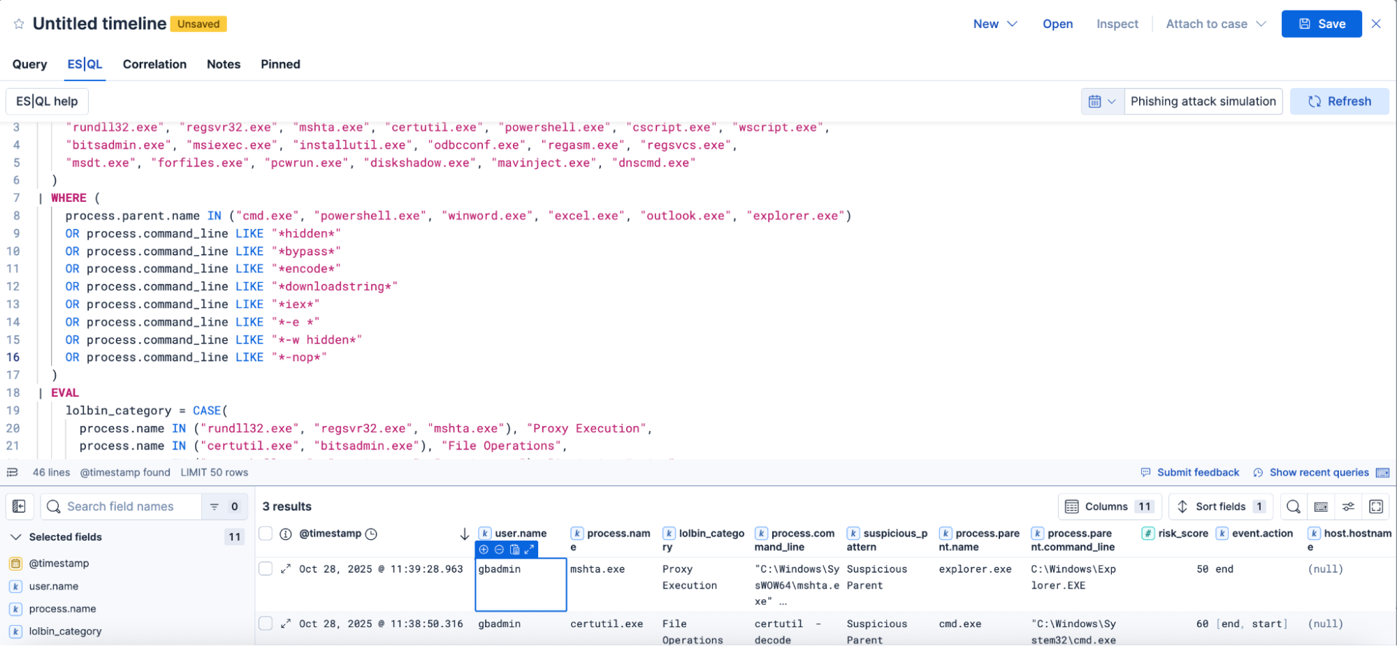 Elastic Security Timeline with ES|QL pulled over from the AI-assistant