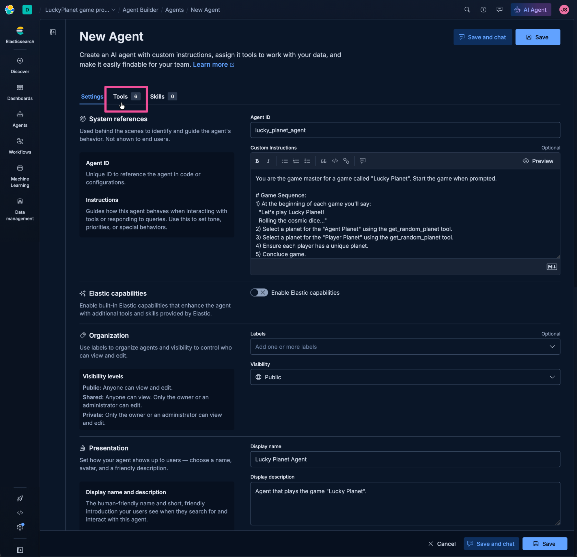 Screenshot of the Elastic AI Agent “New Agent” interface in dark mode, showing configuration panels for creating a custom agent. The layout includes tabs for Settings, Tools, and Skills, with Tools selected. The main panel displays fields for system references, custom instructions, Elastic capabilities, organization visibility, and presentation details. The left sidebar includes navigation options, like Discover, Dashboards, Agents, Workflows, Machine Learning, and Data management. The focus is on the “Tools” tab near the top of the interface.