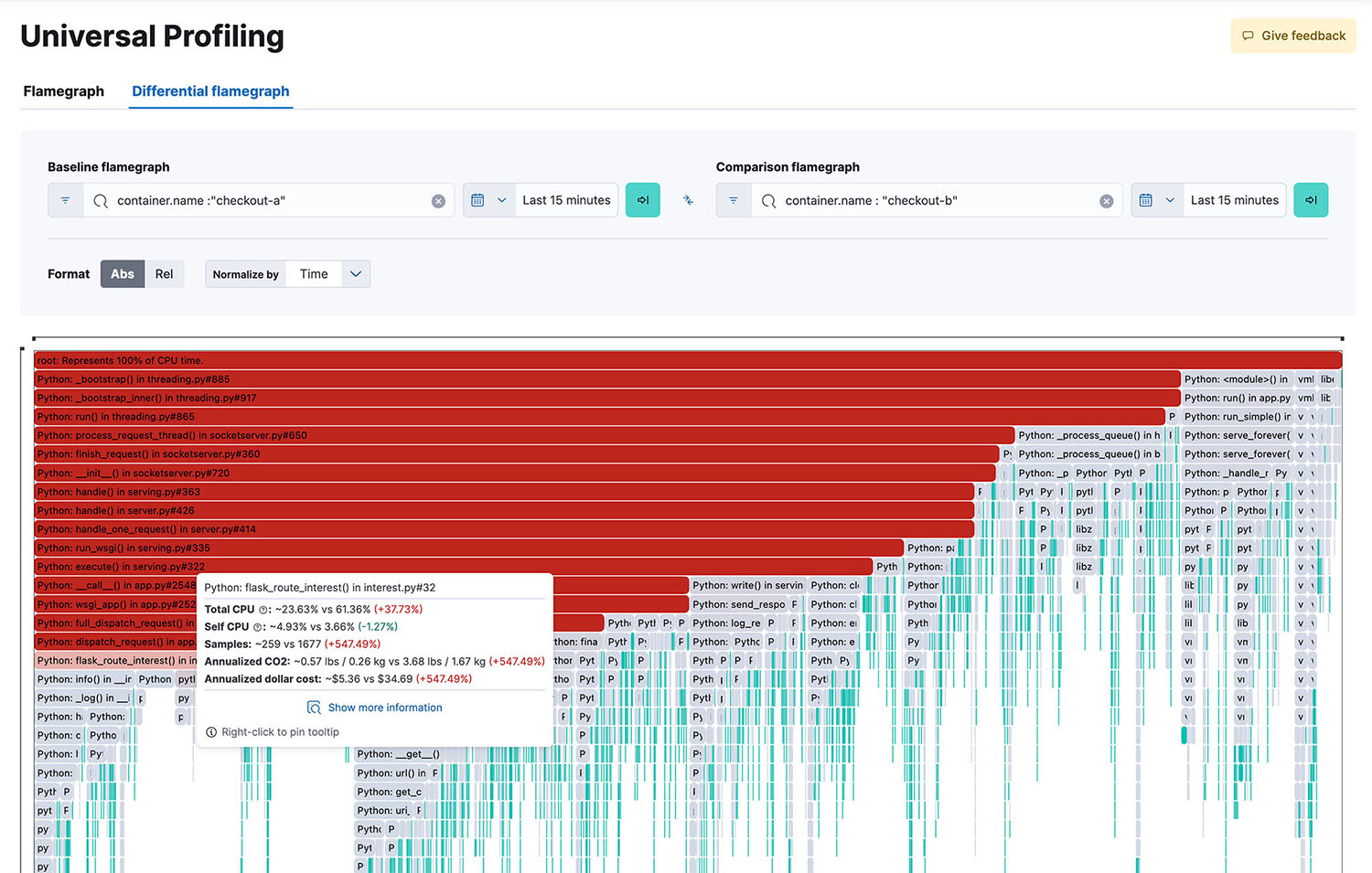 Visualización de gráfico de llamas de Elastic Observability