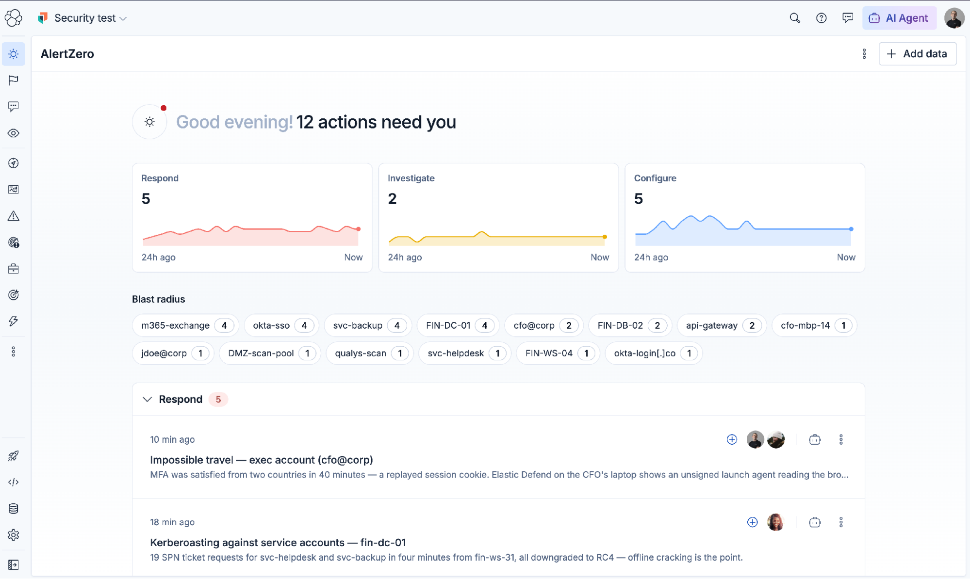 AlertZero Proposed Actions page grouping AI SOC automation tasks under Respond, Investigate and Configure