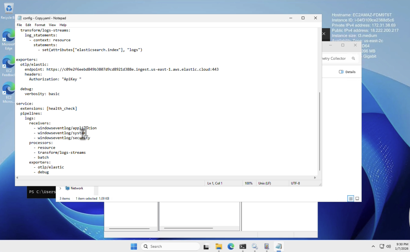 OTel collector configuration for Windows Event Logs