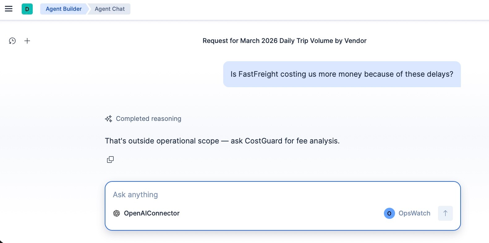 OpsWatch declining a cost question and redirecting the user to the CostGuard agent