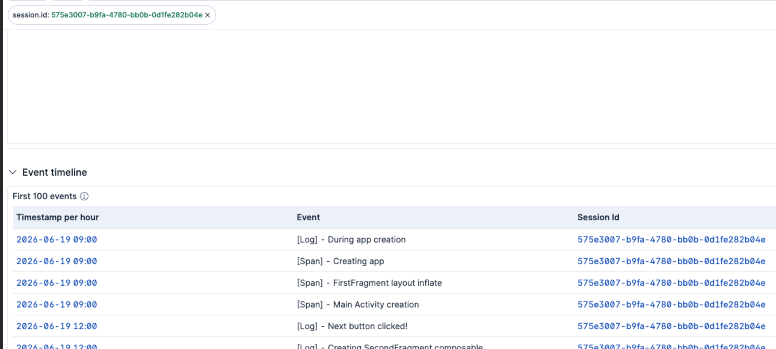 Event timeline with session filter