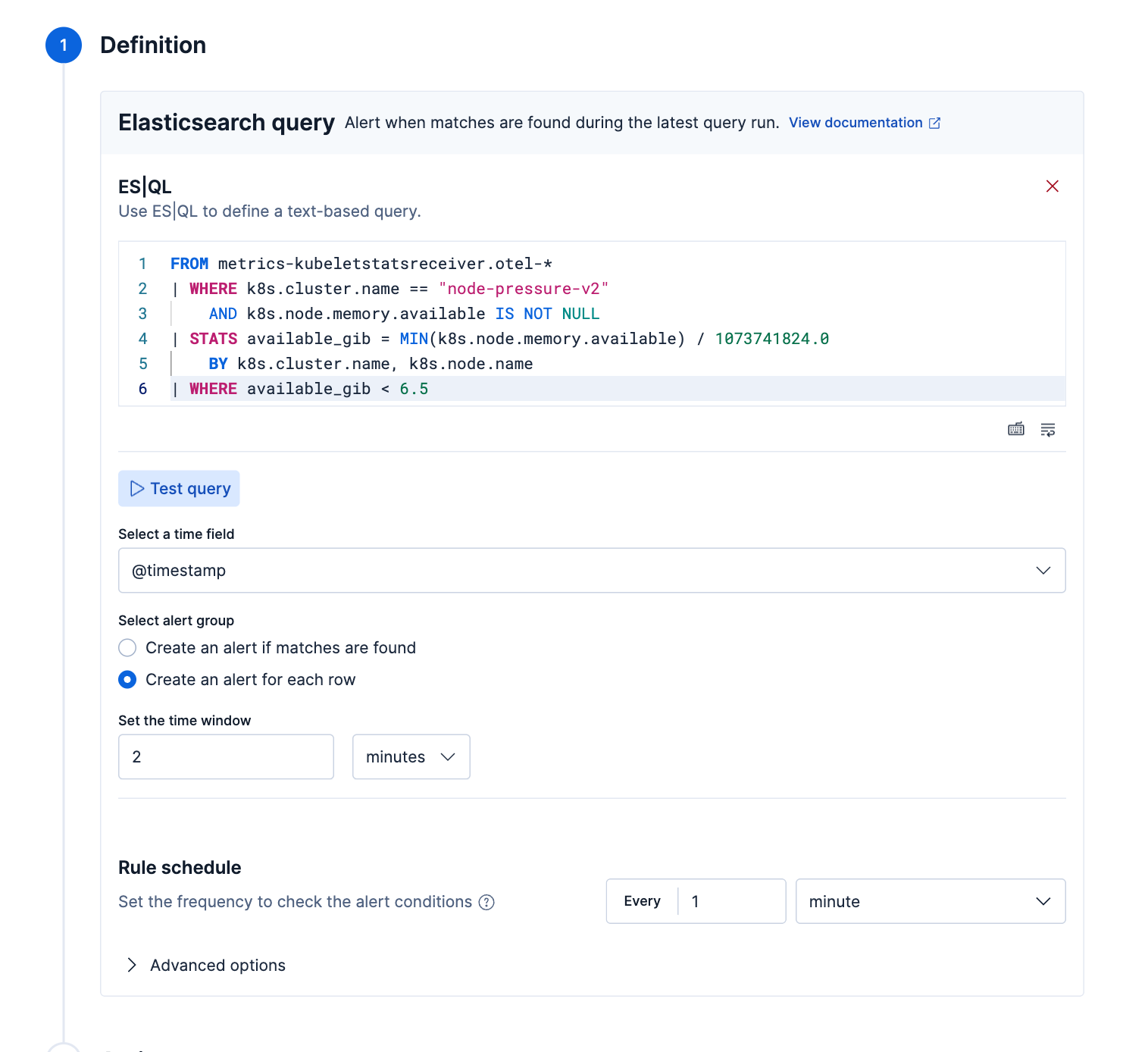 Elasticsearch query rule using ES|QL to alert when Kubernetes node memory headroom falls below 6.5 GiB