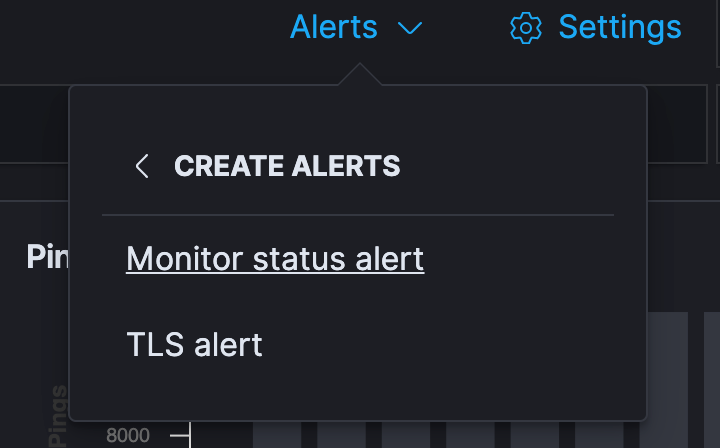 Create an alert from the Alerts dropdown