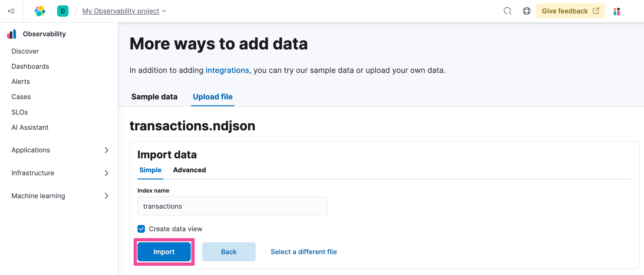 Data import select local file import enter index