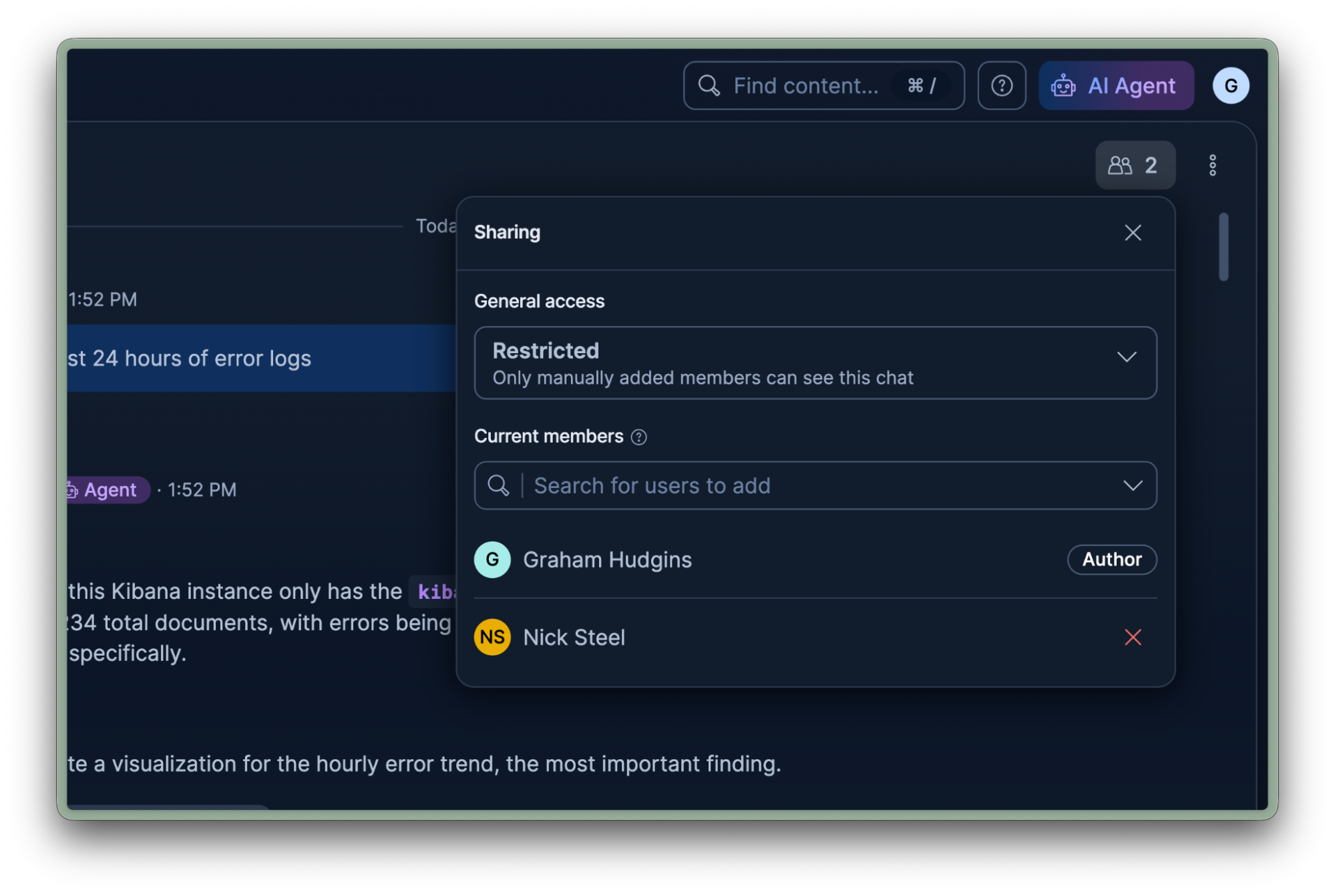 Agent Builder conversation sharing panel showing Restricted access and the current member list in Kibana