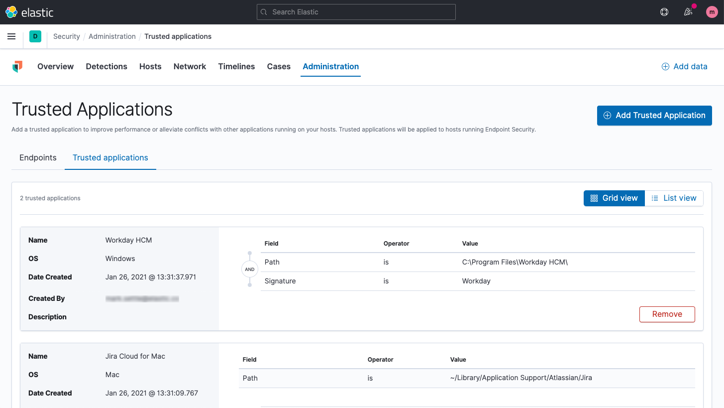 Trusted applications for Elastic endpoint security