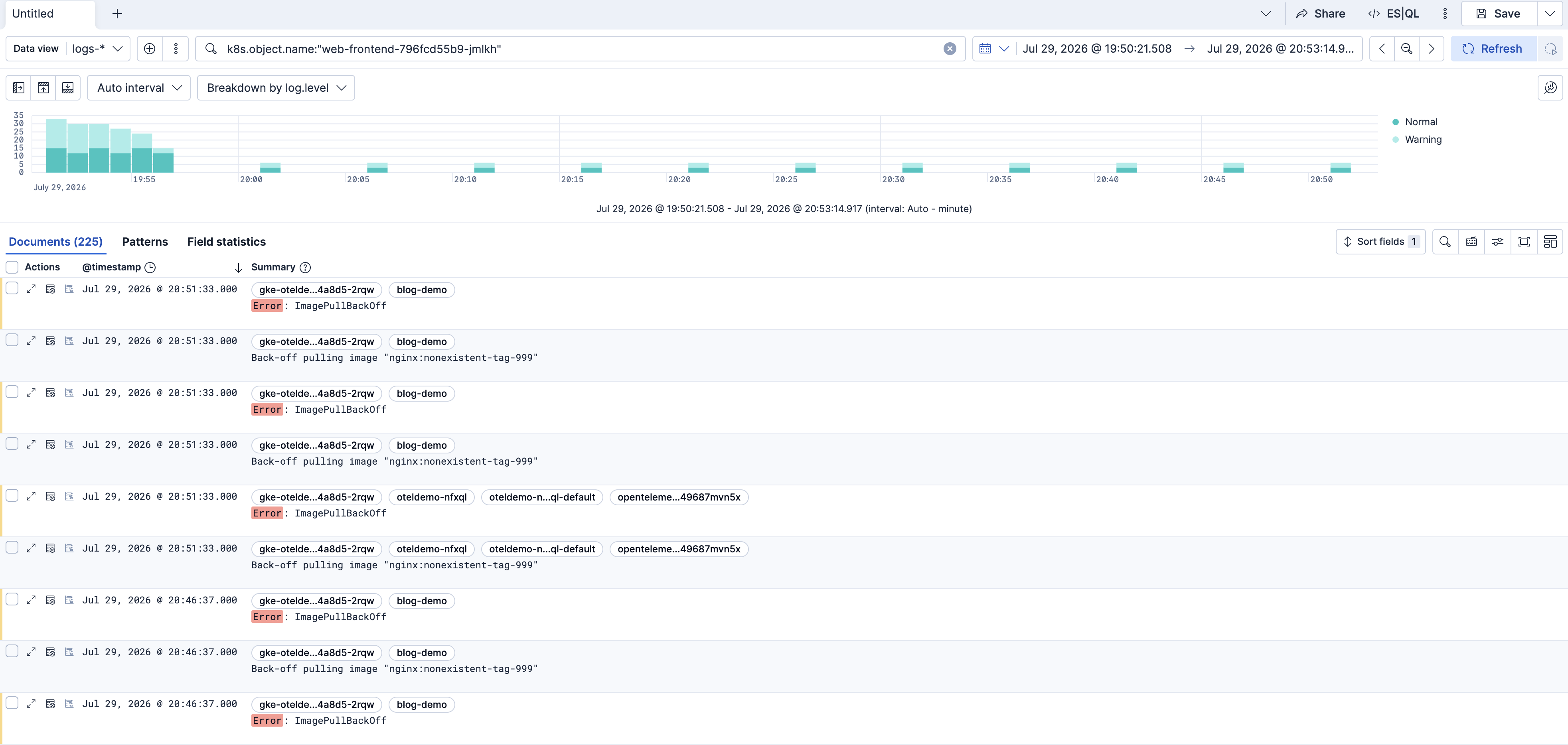 Kubernetes observability with Elastic, Discover view showing ImagePullBackOff events for the web-frontend pod after a bad image tag