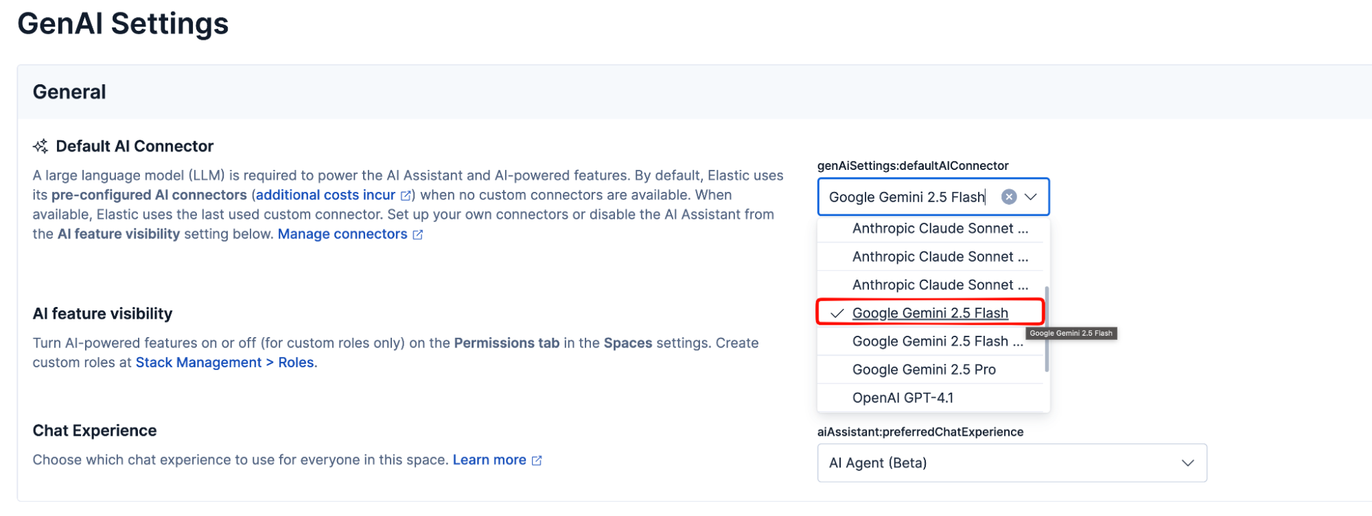 Configuration interface, titled GenAI Settings, showing a dropdown menu with the focus on Google Gemini 2.5 Flash selected as the default AI connector.