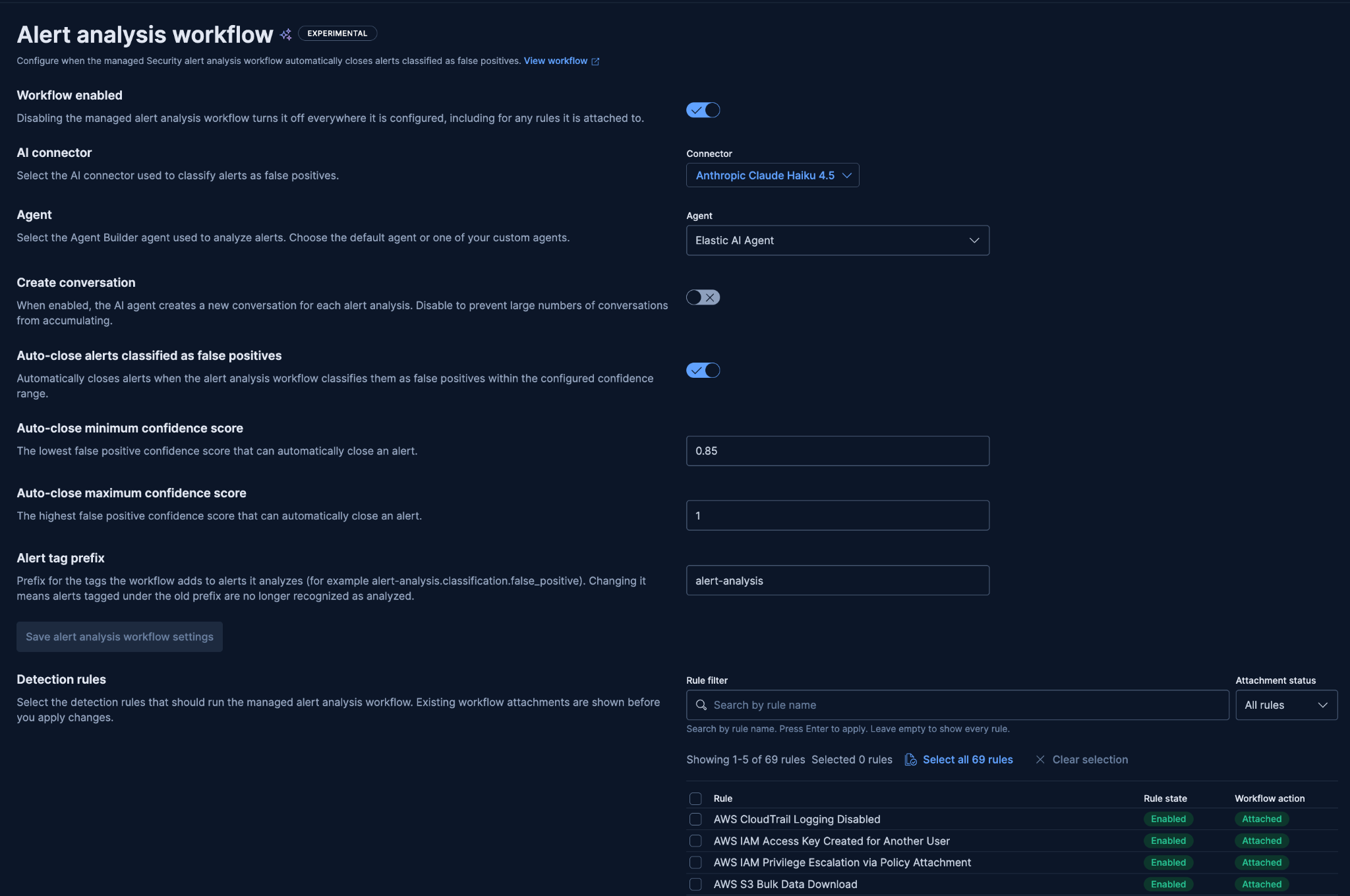 Alert analysis workflow settings in Elastic Security showing AI connector selection, agent configuration, auto-close confidence threshold, and detection rule attachment for SOC alert triage.