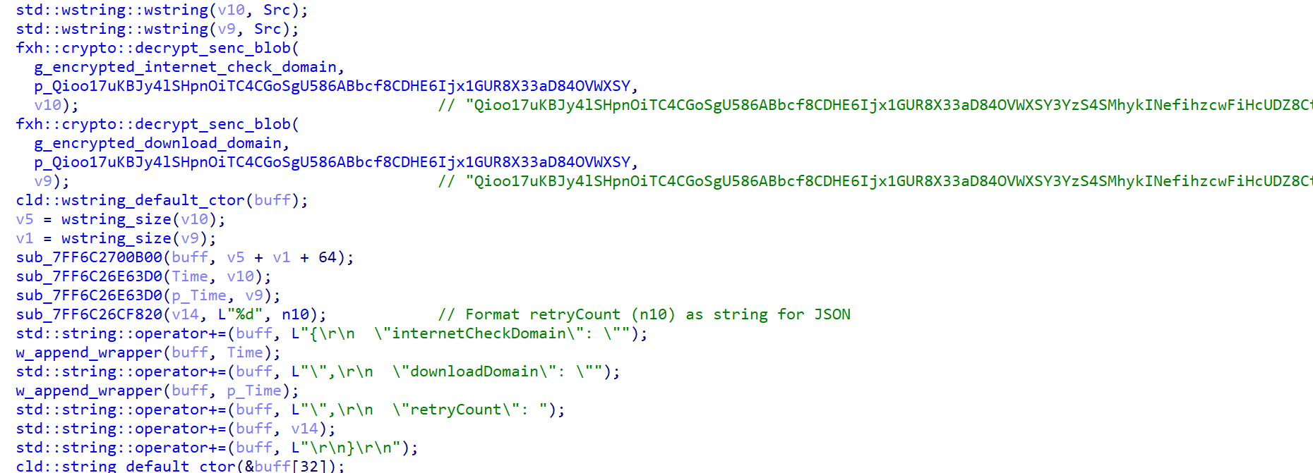 AES-CBC decryption of configuration fields with a hardcoded key and an embedded IV