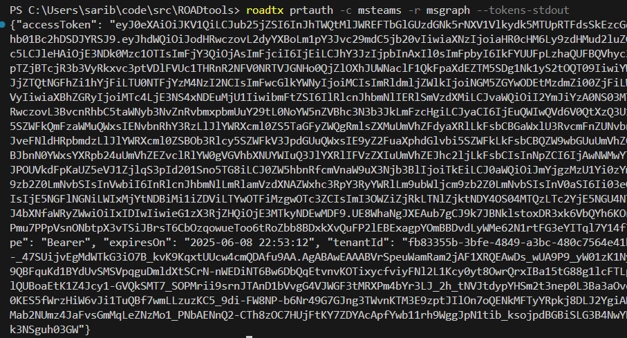 Figure 12: “prtauth” command for tokens as MSFT Teams client for MSFT Graph resource