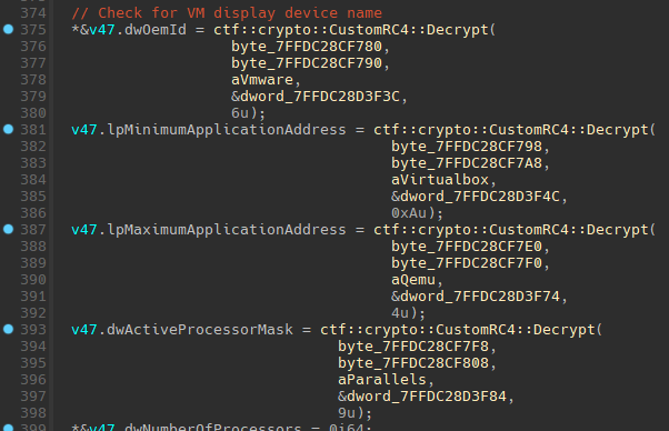 TELEPUZ VM detection code checking display device name, CPU count and memory constraints using CustomRC4 decryption