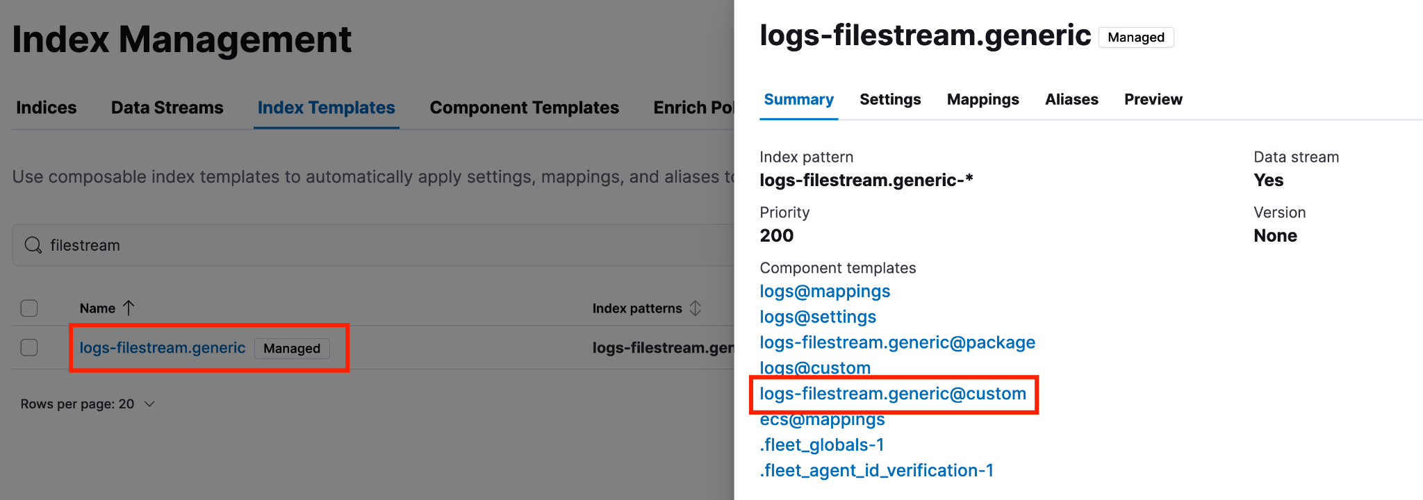 Bildschirm mit einer Indexvorlage inklusive Zusammenfassung, Indexmuster, Prioritätswert, Datenstromeinstellung und einer Liste der Komponentenvorlagen, wobei der Fokus auf dem Eintrag logs‐filestream.generic@custom liegt.