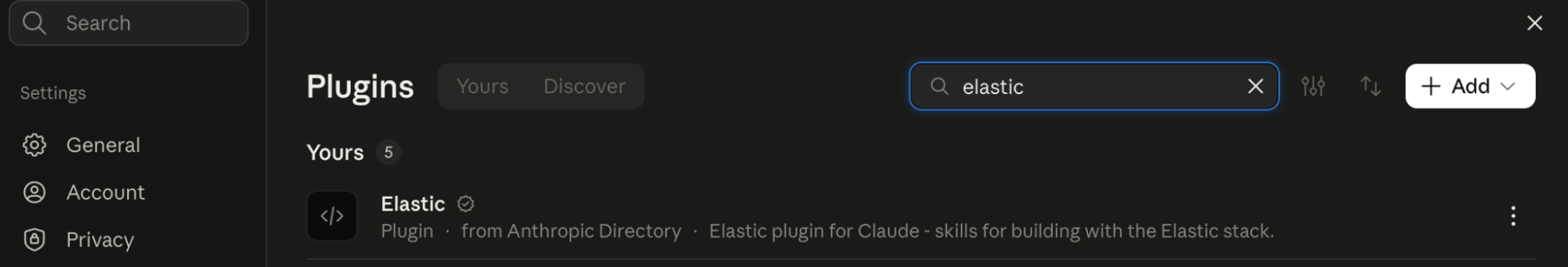 Elastic plugin listed in the Claude app’s plugins settings, found by searching the Anthropic Directory for elastic