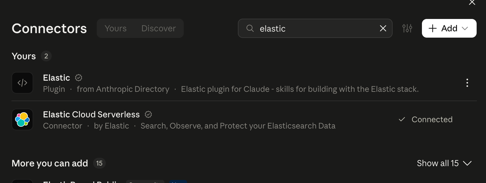 Claude connector directory showing the verified Elastic Cloud Serverless MCP connector and Elastic plugin