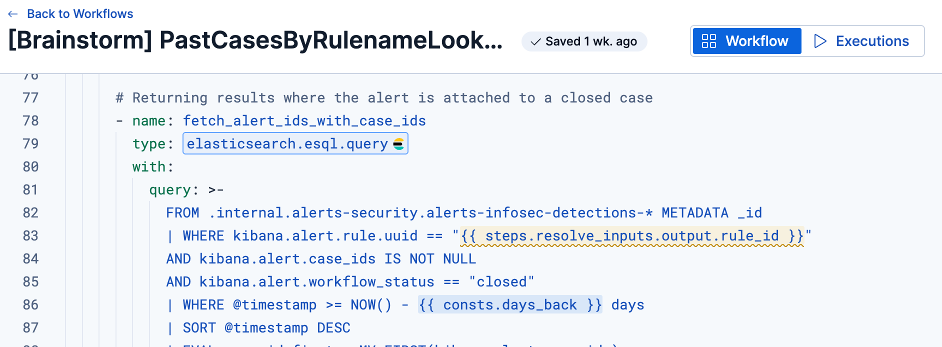 Kibana workflow on PastCasesByRulenameLookup.