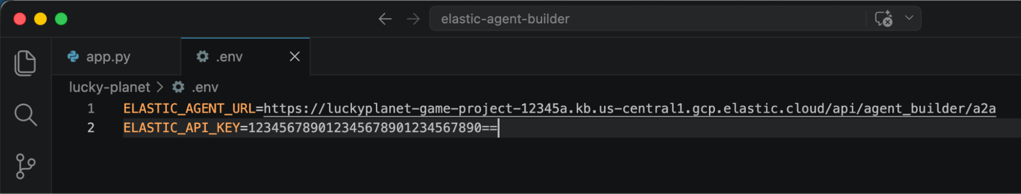 Screenshot of a code editor window showing a project titled "Elastic Agent Builder." The file explorer lists a folder named lucky planet with the env file open. The editor displays two environment variables: ELASTIC_AGENT_URL with a full Elastic Cloud API endpoint and ELASTIC_API_KEY with a long numeric key ending in double equals signs.