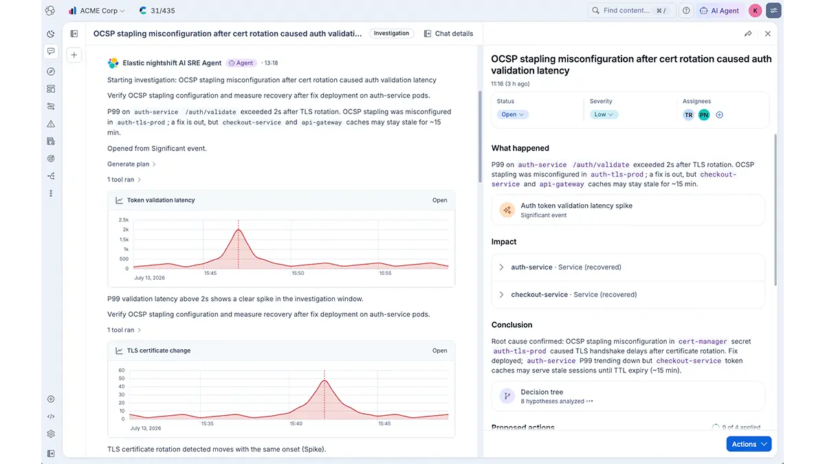 Skip the dashboards. Elastic nightshift AI SRE runs investigations entirely from chat, and gets smarter with every incident. With investigation memory, recurring issues are recognized faster and recommendations sharpen over time.