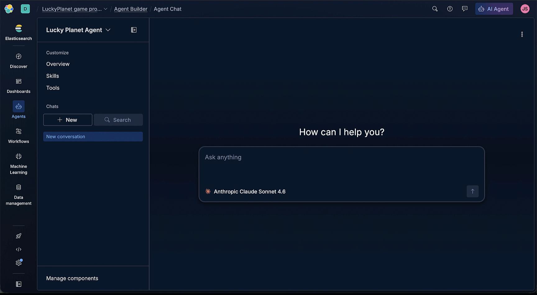Animated tour of the Elastic AI Agent “Agent Chat” interface in dark mode, showing a workspace for interacting with a configured agent. The main panel displays a prompt area with the text “How can I help you?” and an input box labeled “Ask anything.” A footer note indicates the model “Anthropic Claude Sonnet 4.6.” The tour concludes with "The winner is the Player."