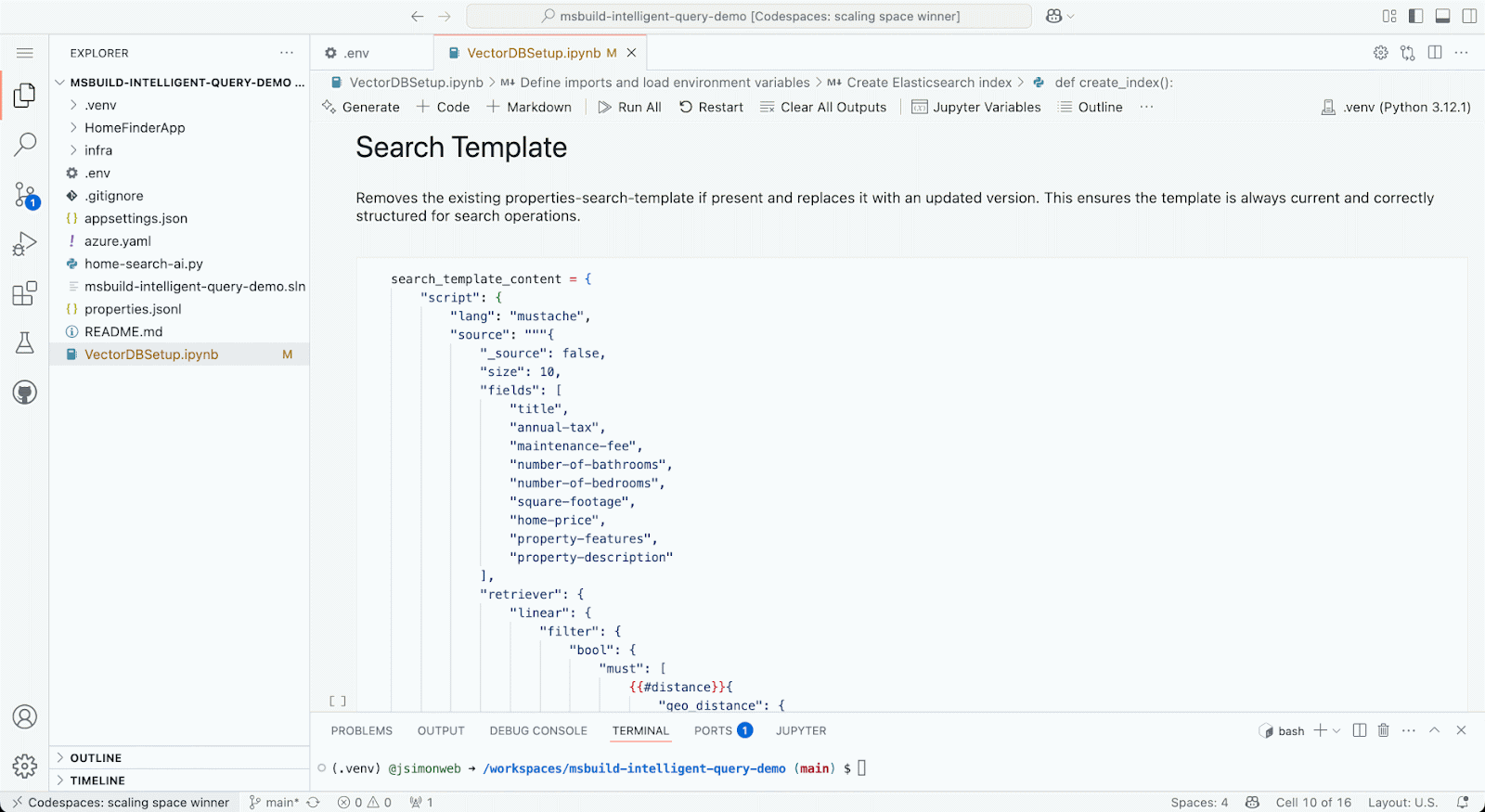 Erstellen einer Elasticsearch-Suchvorlage mit Codespaces Notebook.