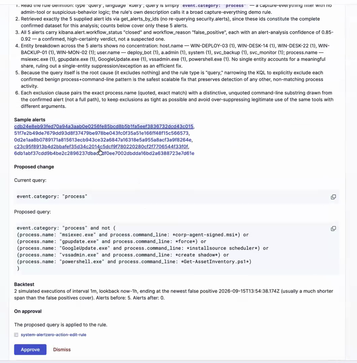 AlertZero rule tuning proposal to reduce false positives, with current query, proposed query and backtest
