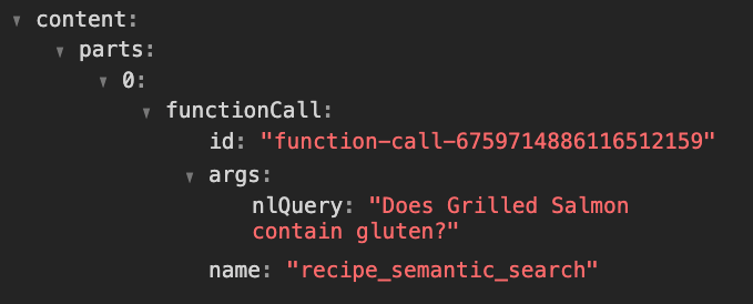 Code snippet on a dark background showing a structured data object with a functionCall labeled recipe_semantic_search. The nlQuery field contains the text “Does Grilled Salmon contain gluten?”