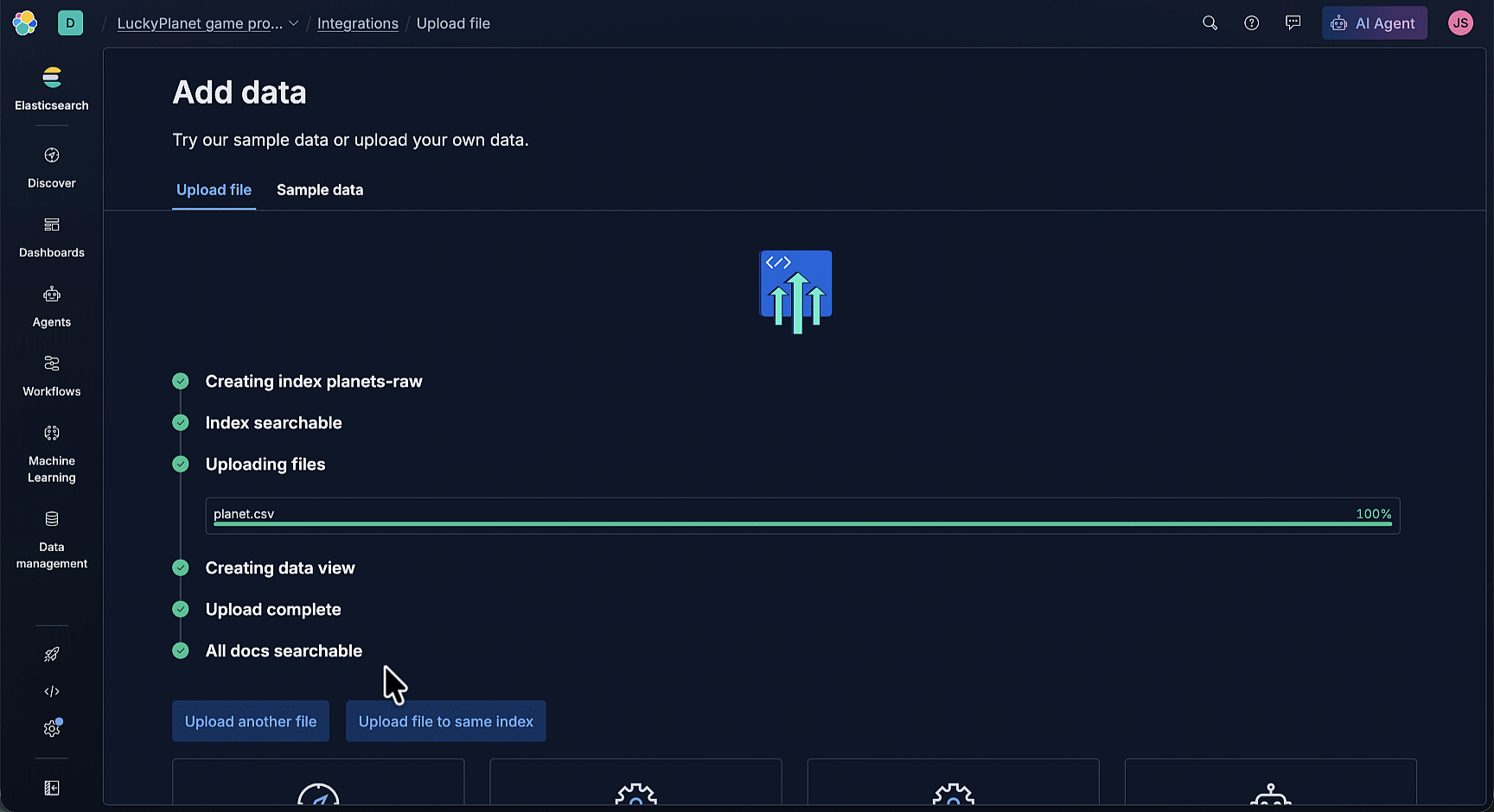 Animated tour of the “Add data” interface in Elasticsearch, showing the upload process for a file named planet.csv and a chat with Elastic AI Agent for data details.